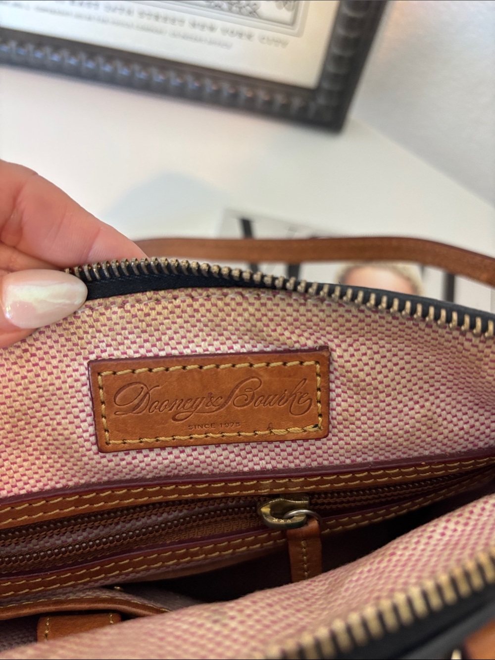 Dooney & Bourke Black Leather Satchel with Brown Trim - Picture 3 of 5